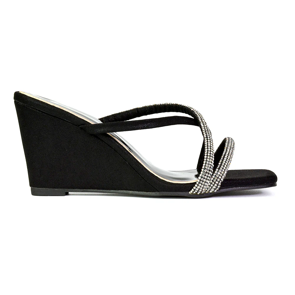 Kinsley Slip on Heeled Mules Diamante Strappy Square Toe Sandal Wedge Heel in Silver - Image 108