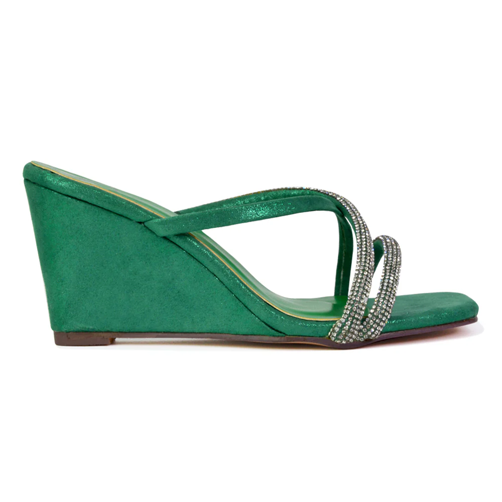 Kinsley Slip on Heeled Mules Diamante Strappy Square Toe Sandal Wedge Heel in Silver - Image 13