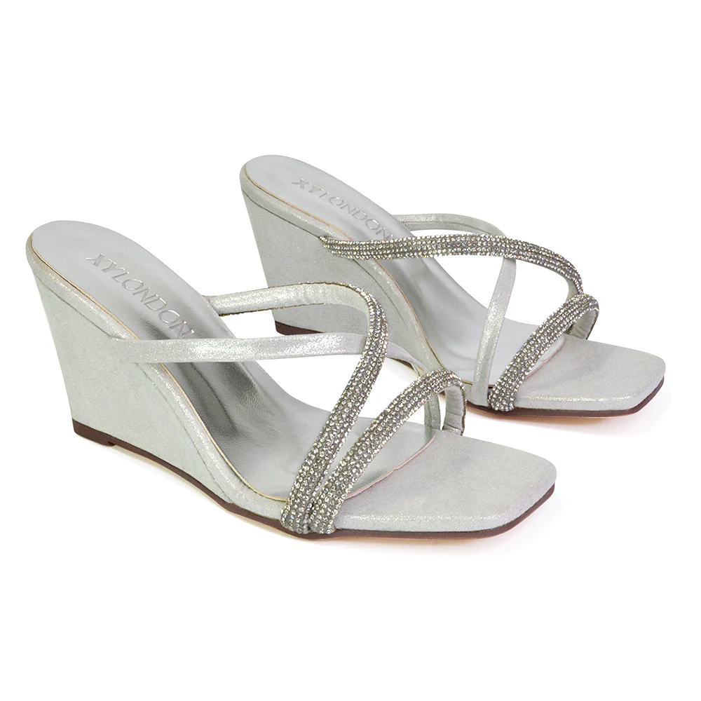 Kinsley Slip on Heeled Mules Diamante Strappy Square Toe Sandal Wedge Heel in Silver - Image 41
