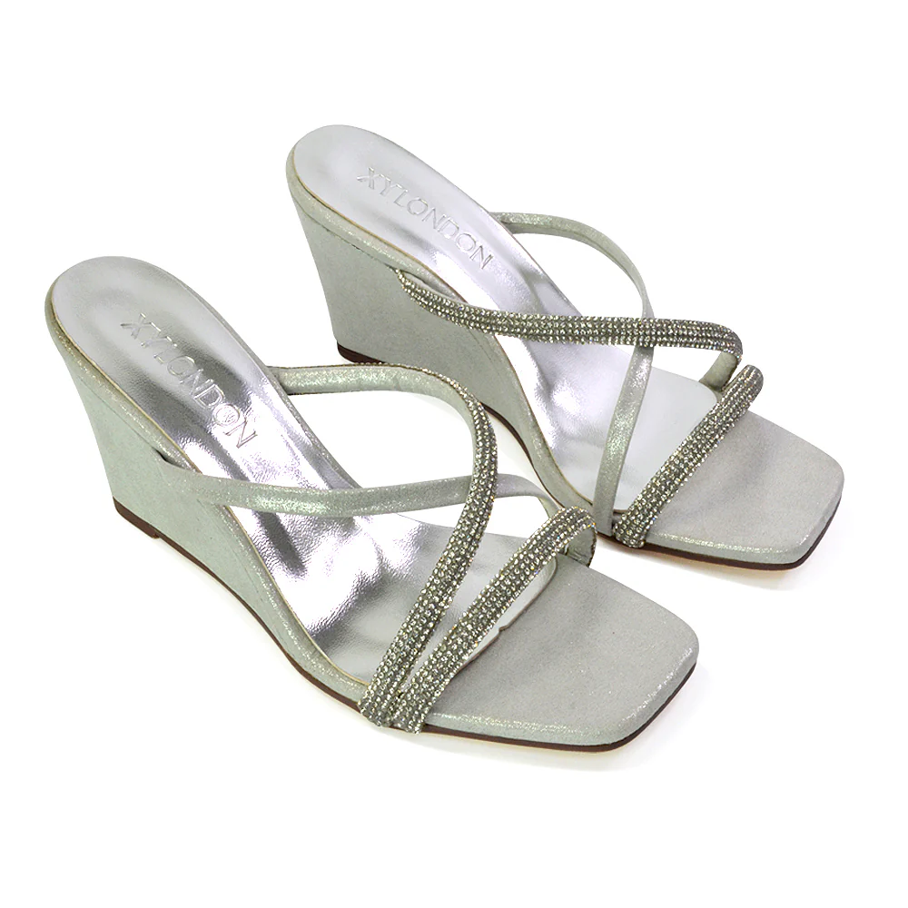 Kinsley Slip on Heeled Mules Diamante Strappy Square Toe Sandal Wedge Heel in Silver - Image 65