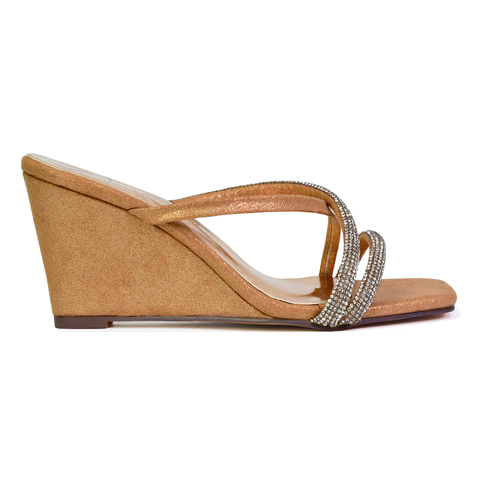 Kinsley Slip on Heeled Mules Diamante Strappy Square Toe Sandal Wedge Heel in Silver - Image 83