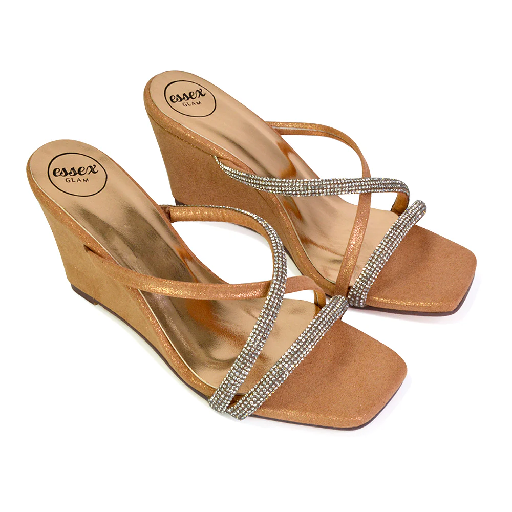 Kinsley Slip on Heeled Mules Diamante Strappy Square Toe Sandal Wedge Heel in Silver - Image 95