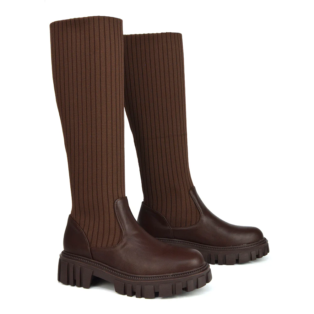Kirsty Knitted Sock Knee High Boots with Chunky Sole in Black Synthetic Leather - Image 52