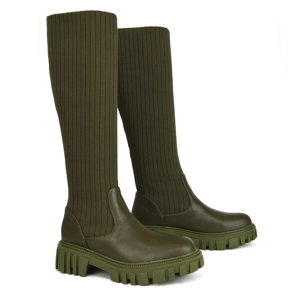 Kirsty Knitted Sock Knee High Boots with Chunky Sole in Black Synthetic Leather - Image 53