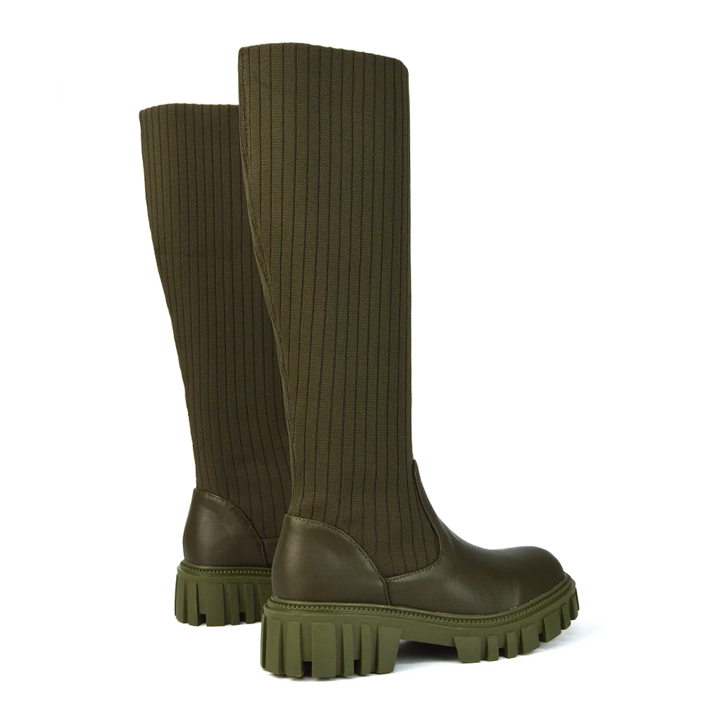 Kirsty Knitted Sock Knee High Boots with Chunky Sole in Black Synthetic Leather - Image 68