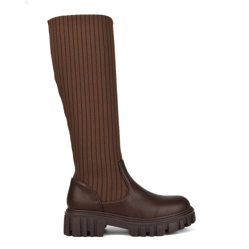 Kirsty Knitted Sock Knee High Boots with Chunky Sole in Brown Synthetic Leather - Image 34