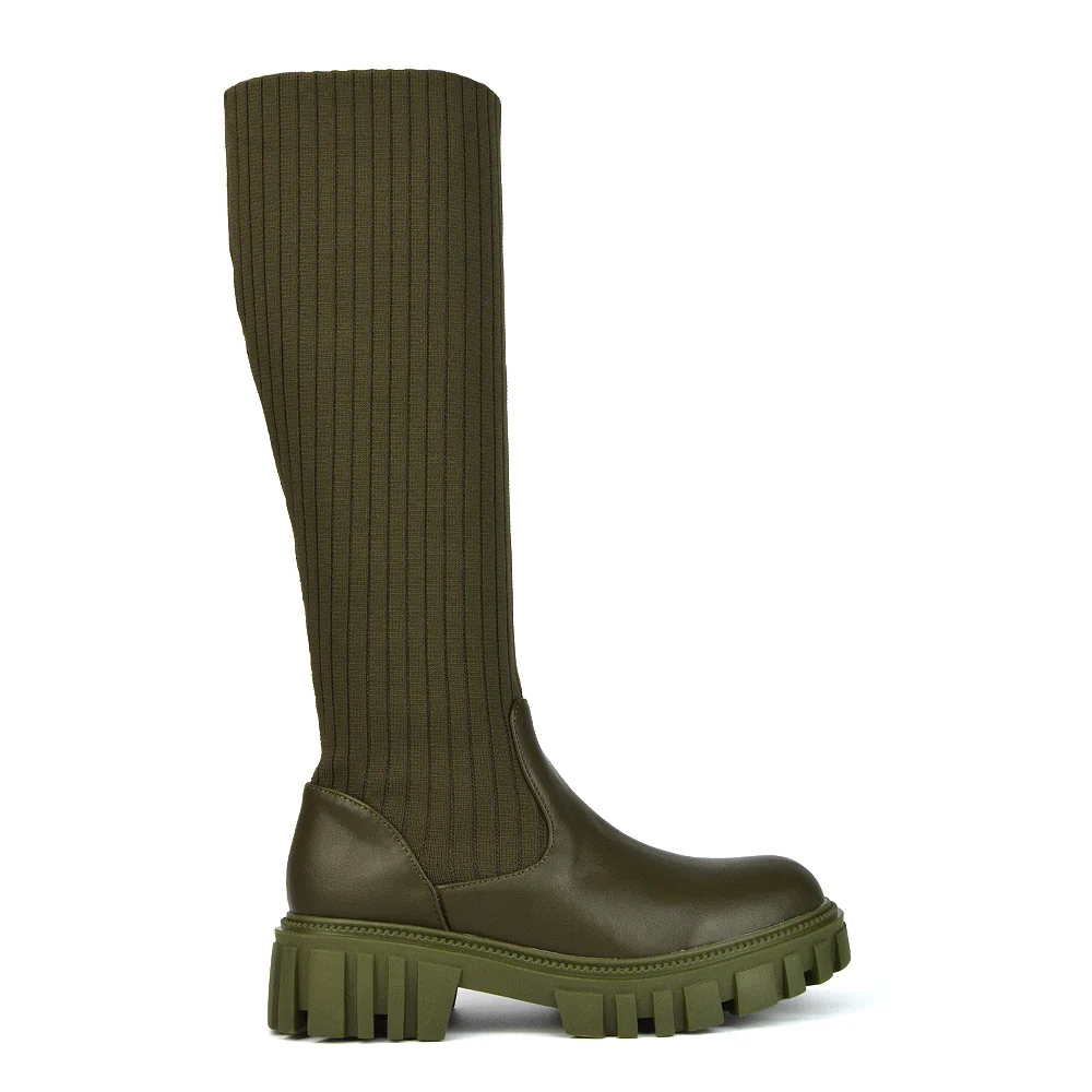 Kirsty Knitted Sock Knee High Boots with Chunky Sole in Brown Synthetic Leather - Image 58