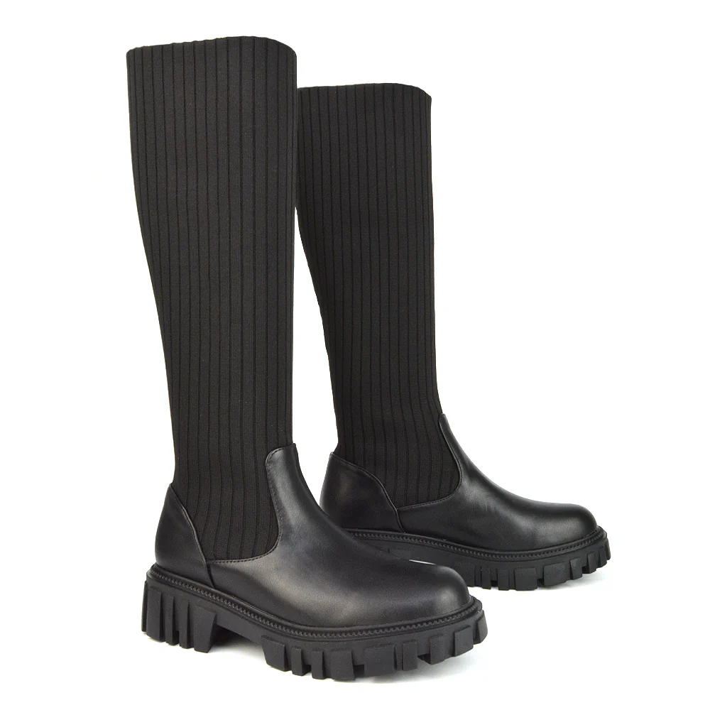 Kirsty Knitted Sock Knee High Boots with Chunky Sole in Brown Synthetic Leather - Image 9