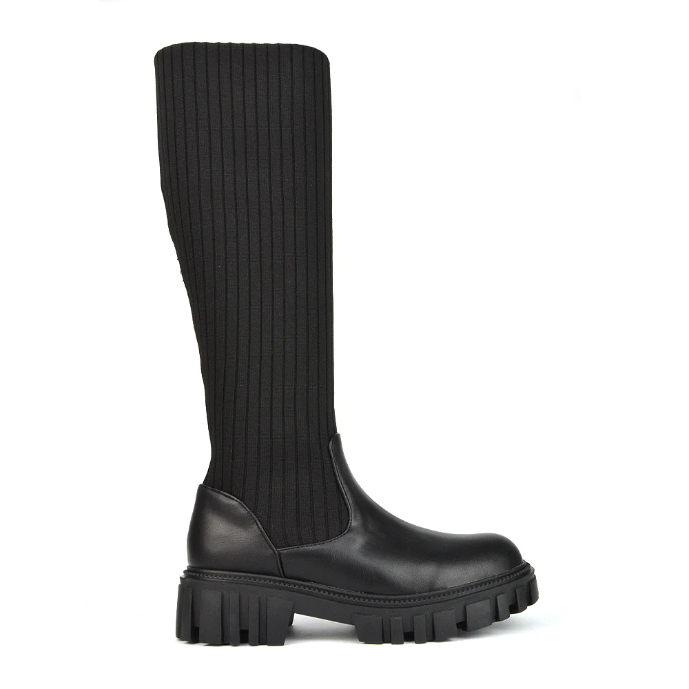 Kirsty Knitted Sock Knee High Boots with Chunky Sole in Khaki Synthetic Leather - Image 11