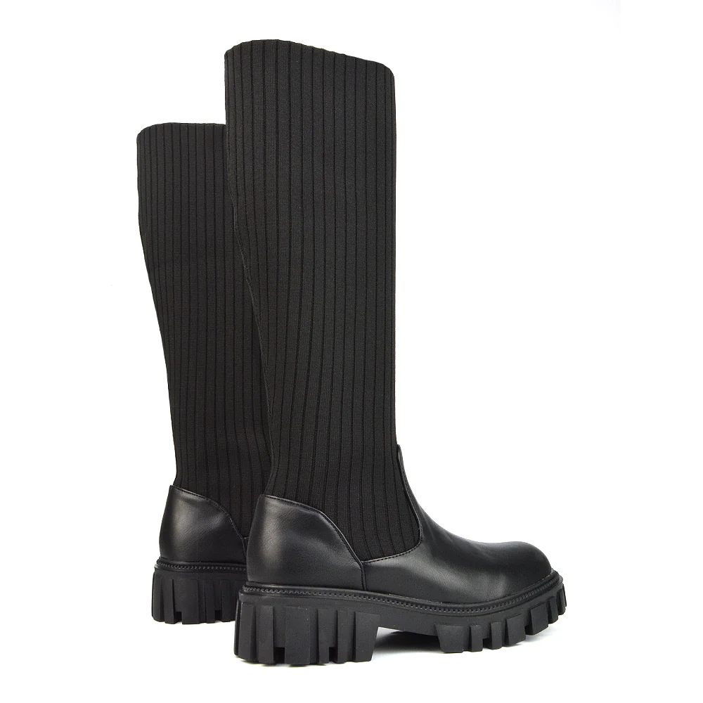 Kirsty Knitted Sock Knee High Boots with Chunky Sole in Khaki Synthetic Leather - Image 17