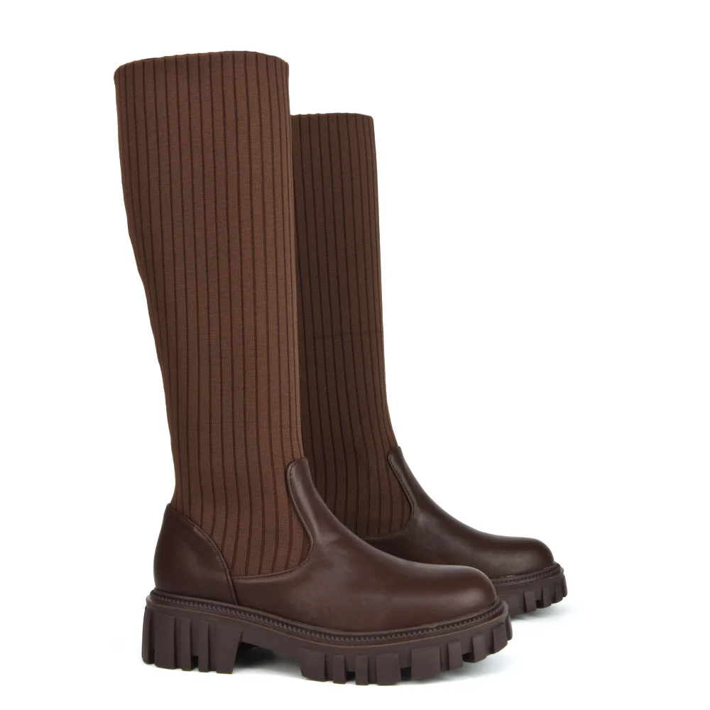 Kirsty Knitted Sock Knee High Boots with Chunky Sole in Khaki Synthetic Leather - Image 32