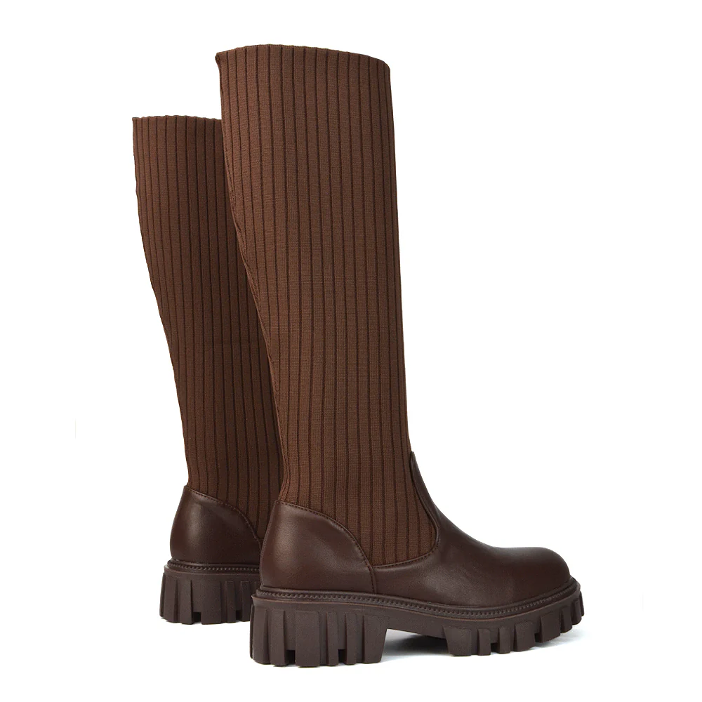Kirsty Knitted Sock Knee High Boots with Chunky Sole in Khaki Synthetic Leather - Image 46