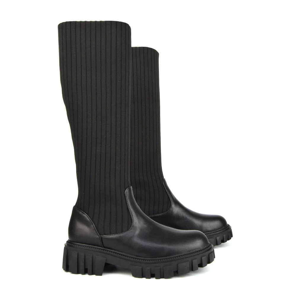 Kirsty Knitted Sock Knee High Boots with Chunky Sole in Khaki Synthetic Leather - Image 8
