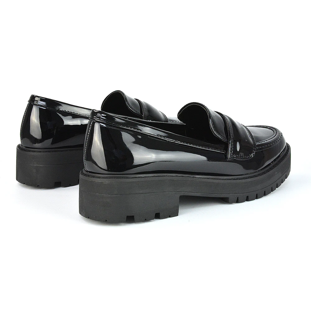 Kourtney Chunky Sole Slip on School Shoes Smart Flat Loafers in Black Patent - Image 2