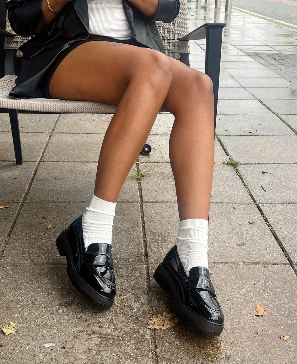 Kourtney Chunky Sole Slip on School Shoes Smart Flat Loafers in Black Patent - Image 3