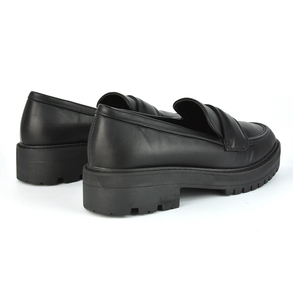 Kourtney Chunky Sole Slip on School Shoes Smart Flat Loafers in Black Synthetic Leather - Image 14