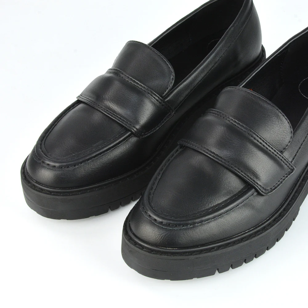 Kourtney Chunky Sole Slip on School Shoes Smart Flat Loafers in Black Synthetic Leather - Image 32