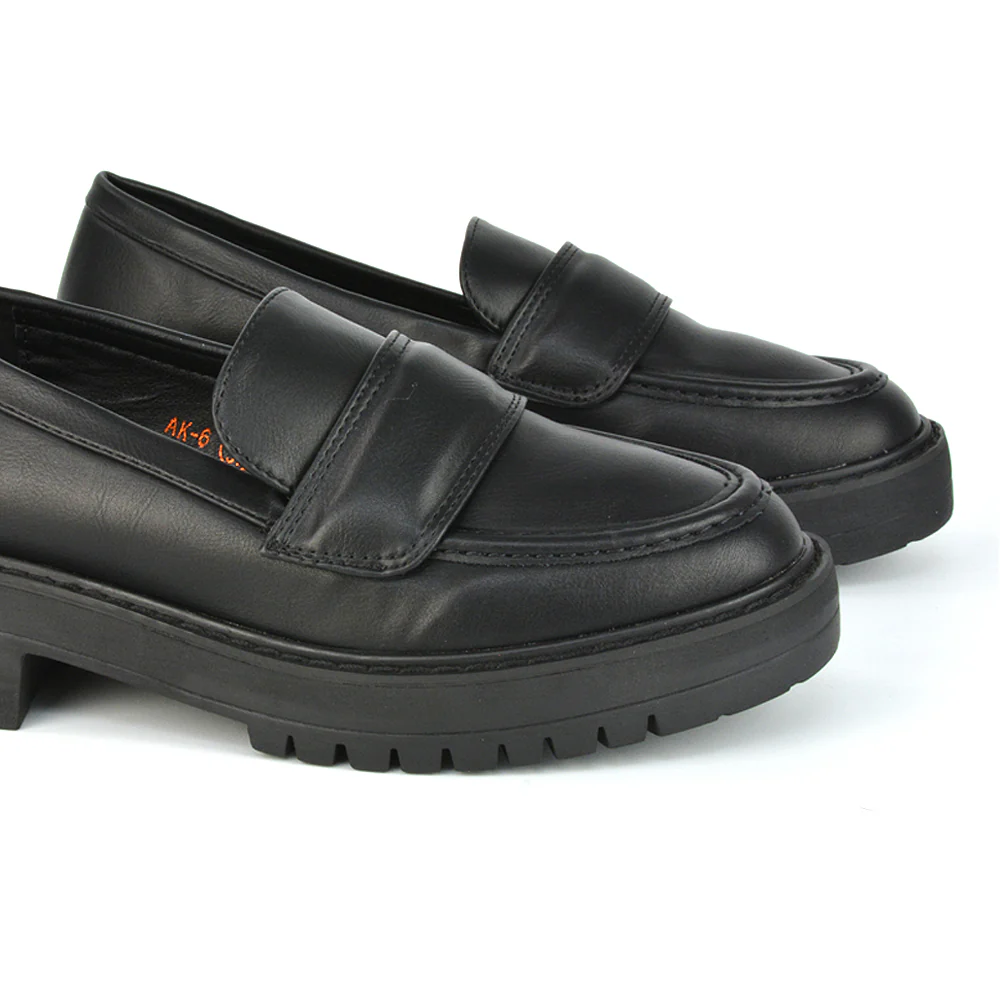 Kourtney Chunky Sole Slip on School Shoes Smart Flat Loafers in Black Synthetic Leather - Image 4