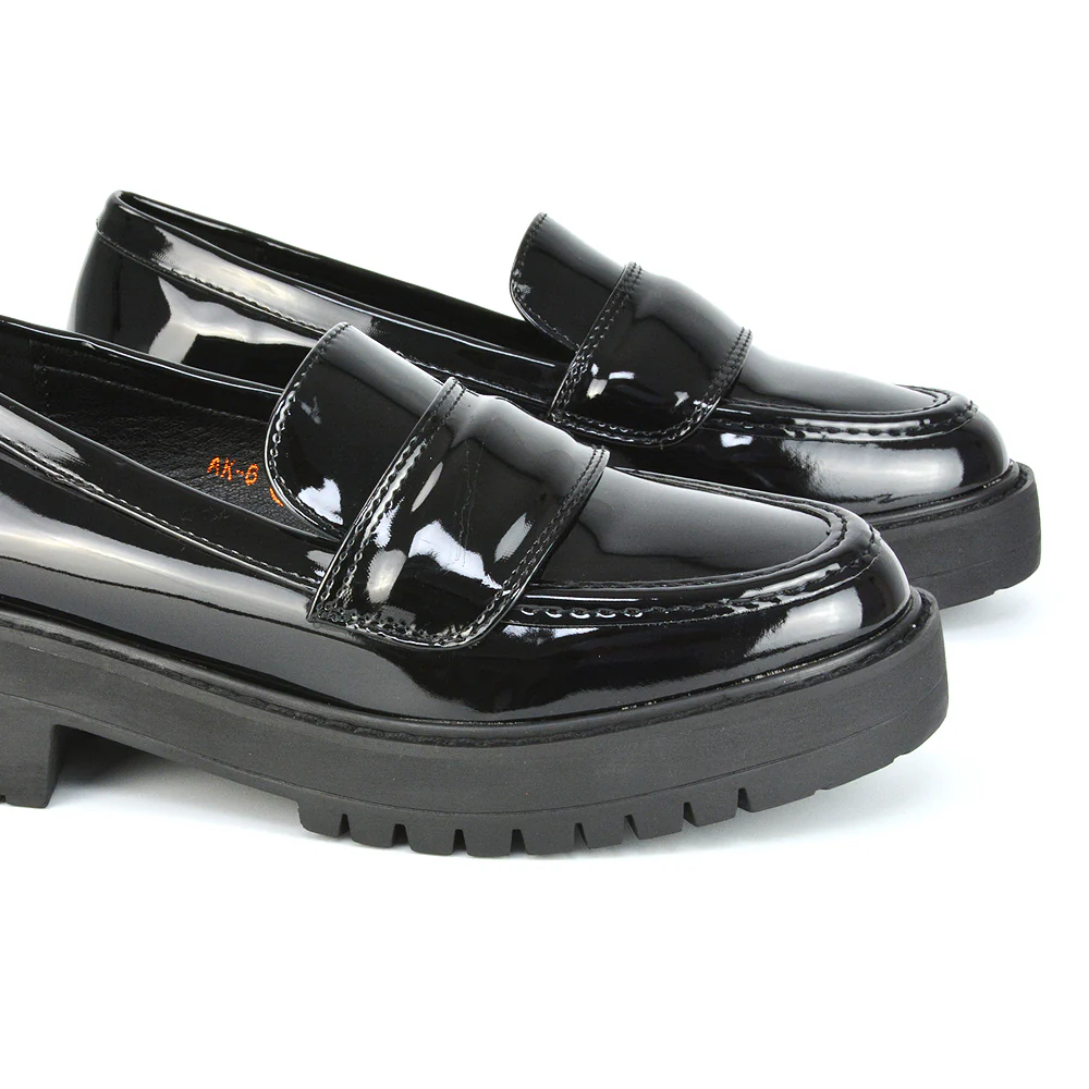 Kourtney Chunky Sole Slip on School Shoes Smart Flat Loafers in Black Synthetic Leather - Image 46