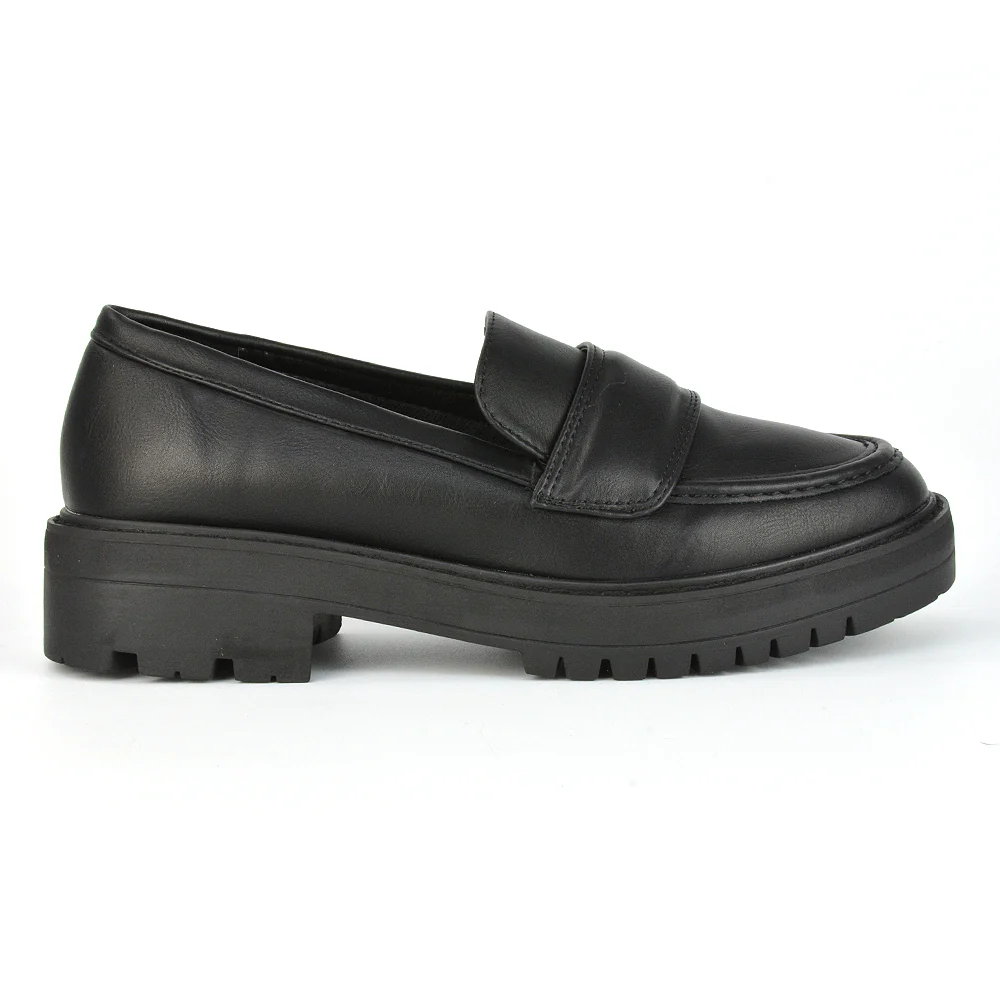 Kourtney Chunky Sole Slip on School Shoes Smart Flat Loafers in Black Synthetic Leather - Image 5