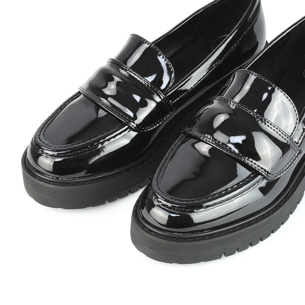 Kourtney Chunky Sole Slip on School Shoes Smart Flat Loafers in Black Synthetic Leather - Image 62