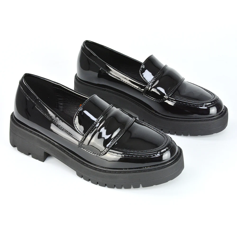 Kourtney Chunky Sole Slip on School Shoes Smart Flat Loafers in Black Synthetic Leather - Image 63