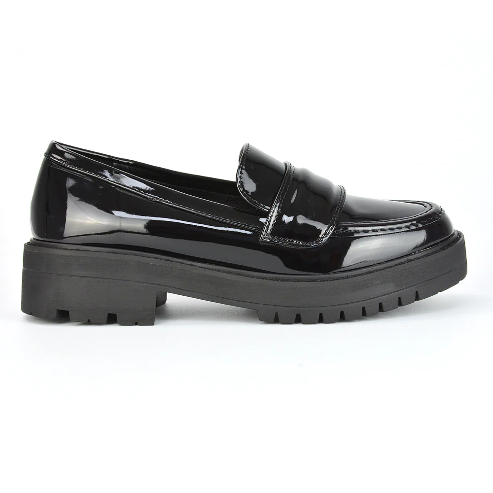 Kourtney Chunky Sole Slip on School Shoes Smart Flat Loafers in Black Synthetic Leather - Image 65