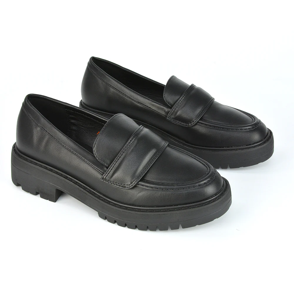 Kourtney Chunky Sole Slip on School Shoes Smart Flat Loafers in Black Synthetic Leather - Image 8