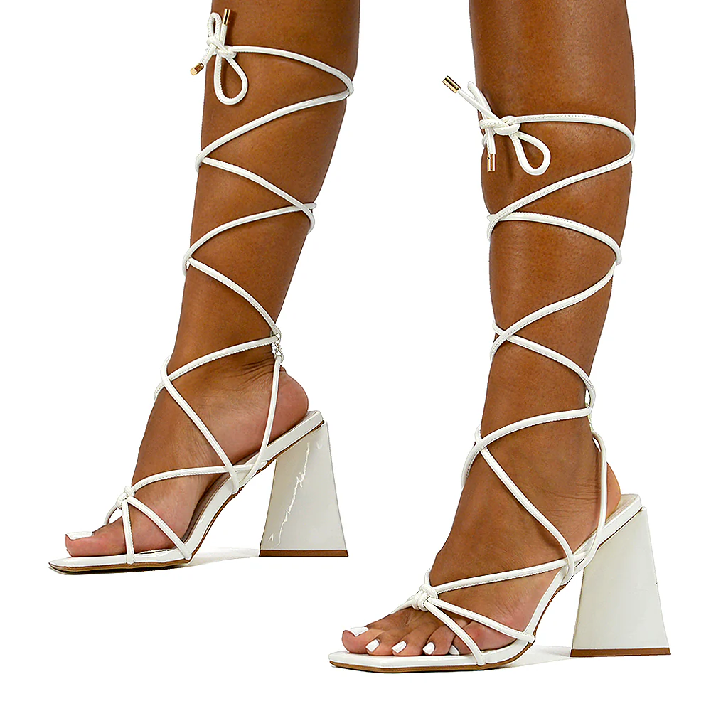 Krystal Strappy Lace Up Square Toe Flared Block High Heel in Black Patent - Image 11