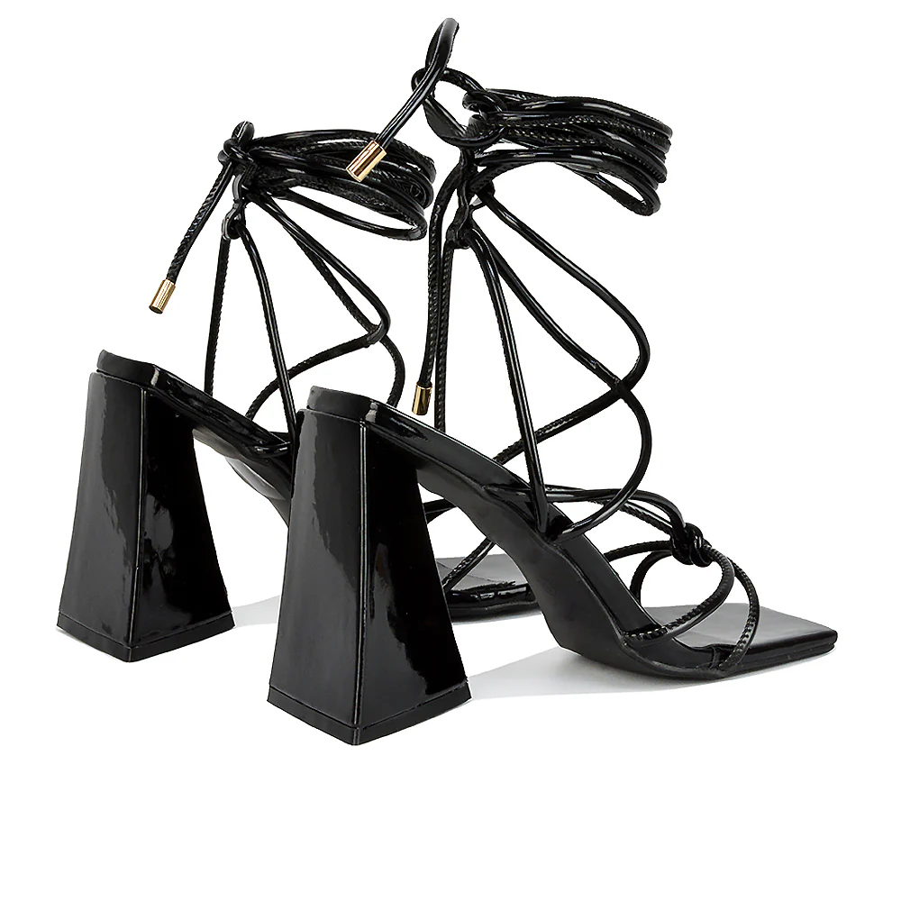 Krystal Strappy Lace Up Square Toe Flared Block High Heel in Black Patent - Image 120
