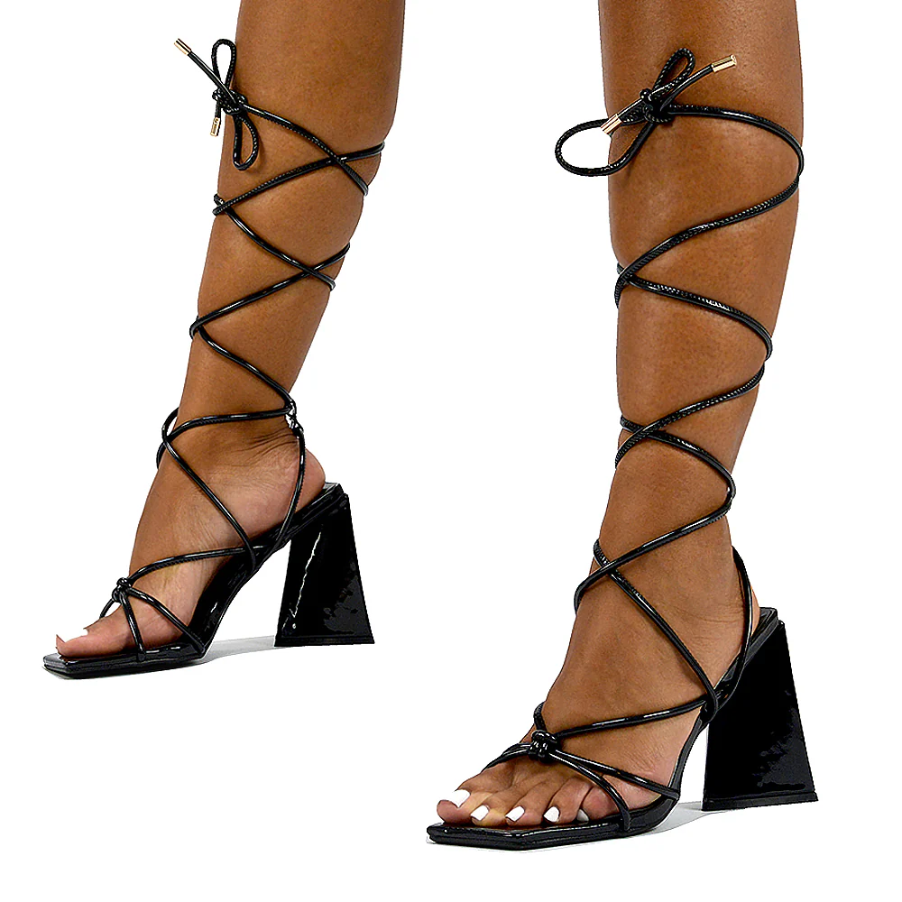 Krystal Strappy Lace Up Square Toe Flared Block High Heel in Black Patent - Image 130