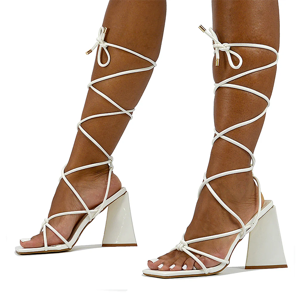 Krystal Strappy Lace Up Square Toe Flared Block High Heel in Black Patent - Image 26