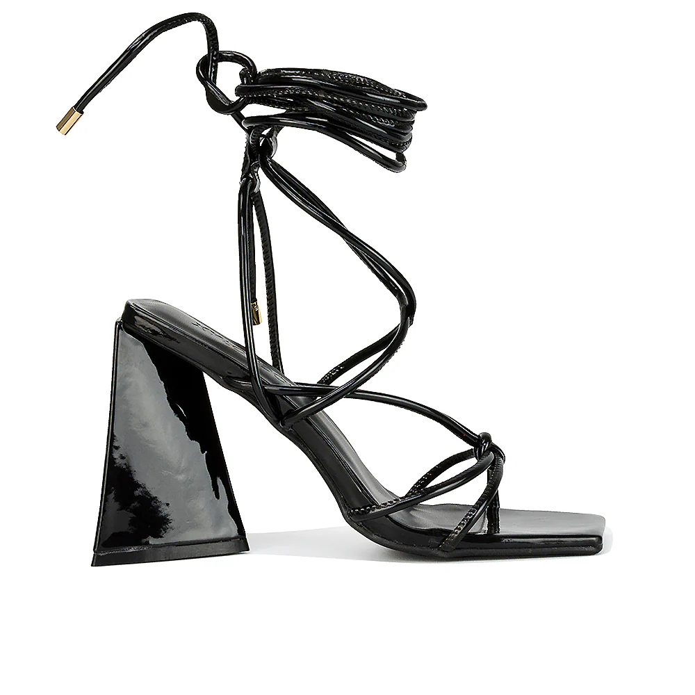 Krystal Strappy Lace Up Square Toe Flared Block High Heel in White Patent - Image 109