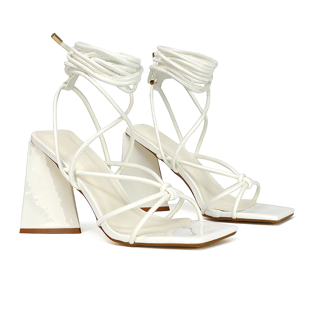 Krystal Strappy Lace Up Square Toe Flared Block High Heel in White Patent - Image 55