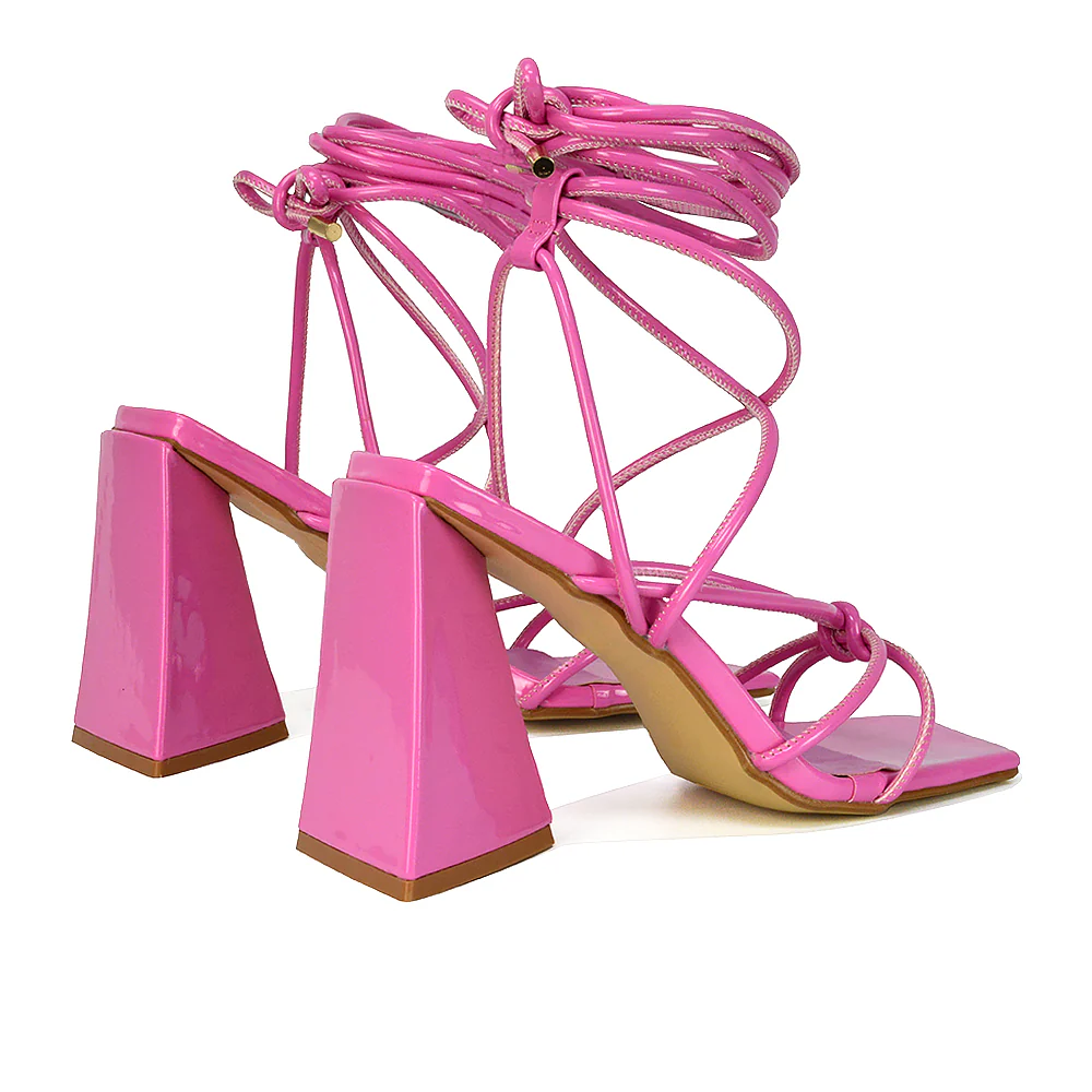 Krystal Strappy Lace Up Square Toe Flared Block High Heel in White Patent - Image 61