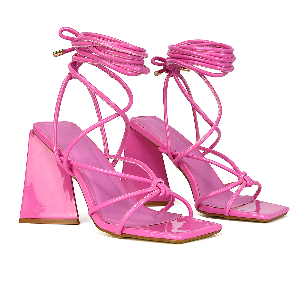 Krystal Strappy Lace Up Square Toe Flared Block High Heel in White Patent - Image 64
