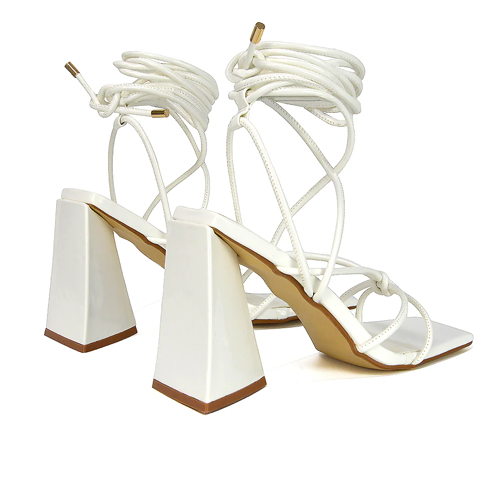 Krystal Strappy Lace Up Square Toe Flared Block High Heel in White Patent - Image 8