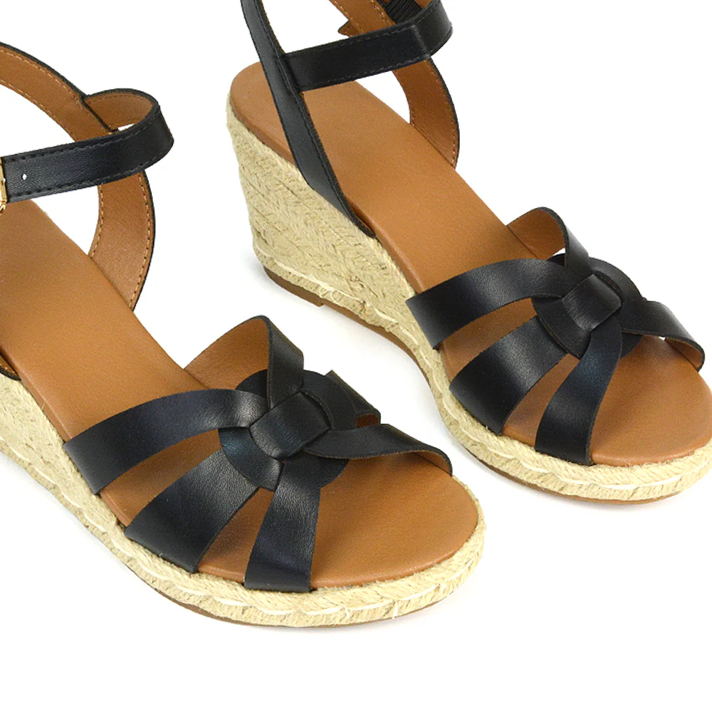 Kylie Wedge Heel Ankle Strap Espadrille Sandals in Black - Image 4