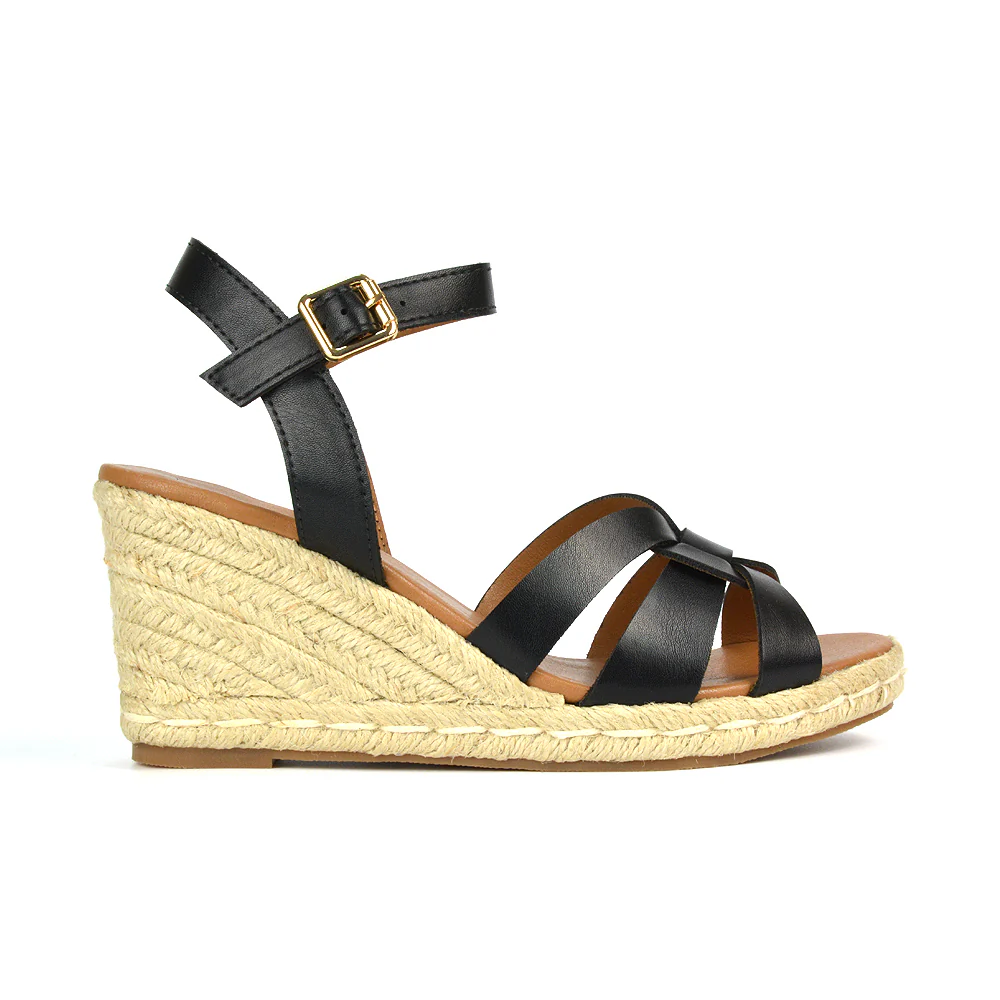 Kylie Wedge Heel Ankle Strap Espadrille Sandals in Black - Image 10