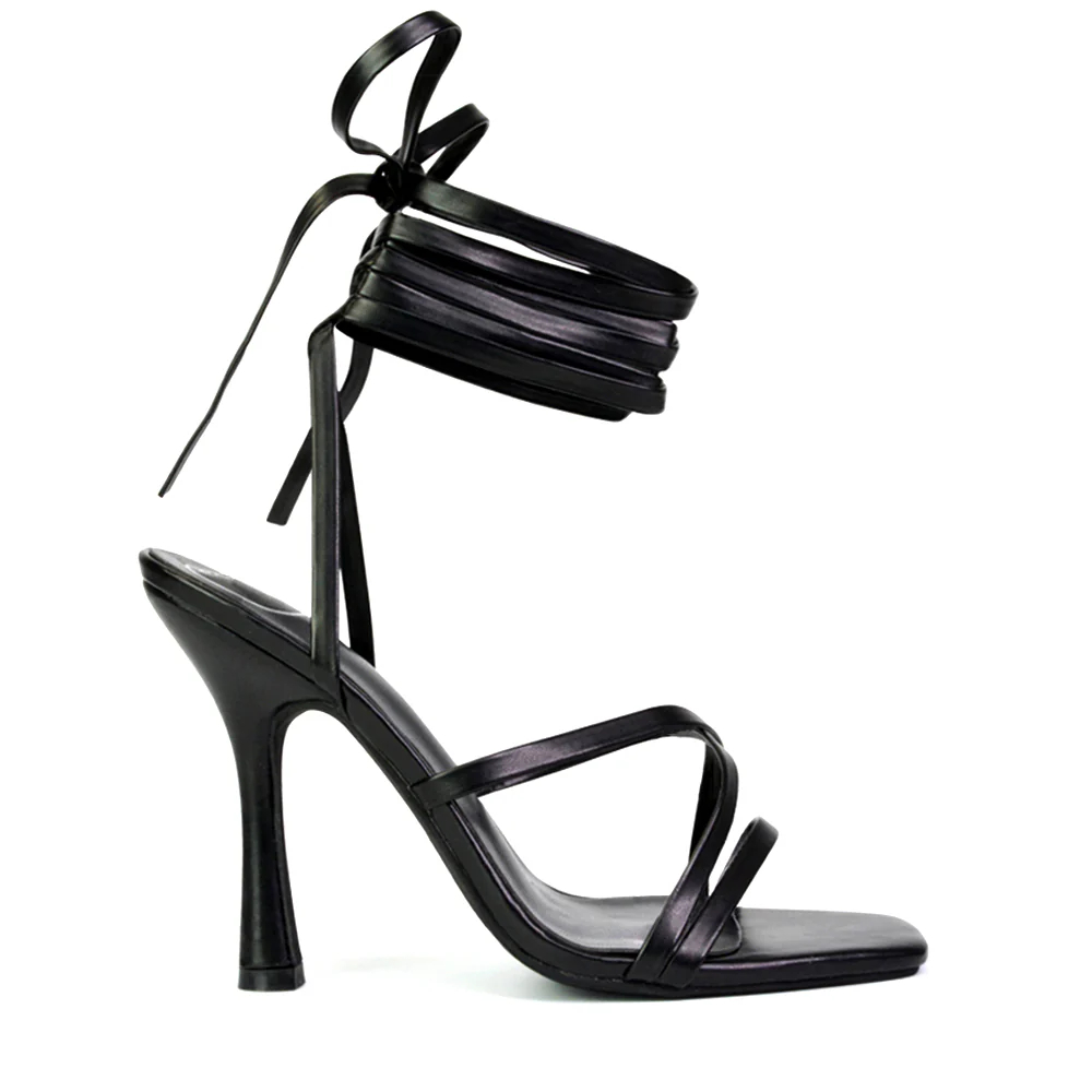 Kyra Lace Up High Heel Stilettos Sandals with Square Toe in Black - Image 2