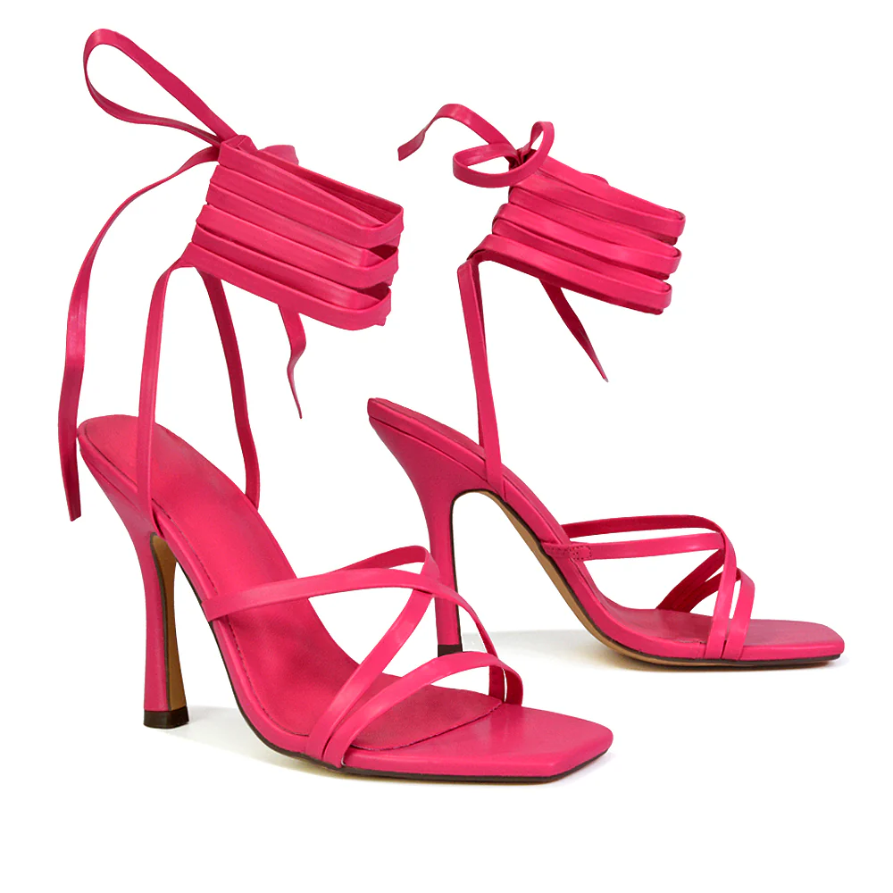 Kyra Lace Up High Heel Stilettos Sandals with Square Toe in Fuchsia - Image 30