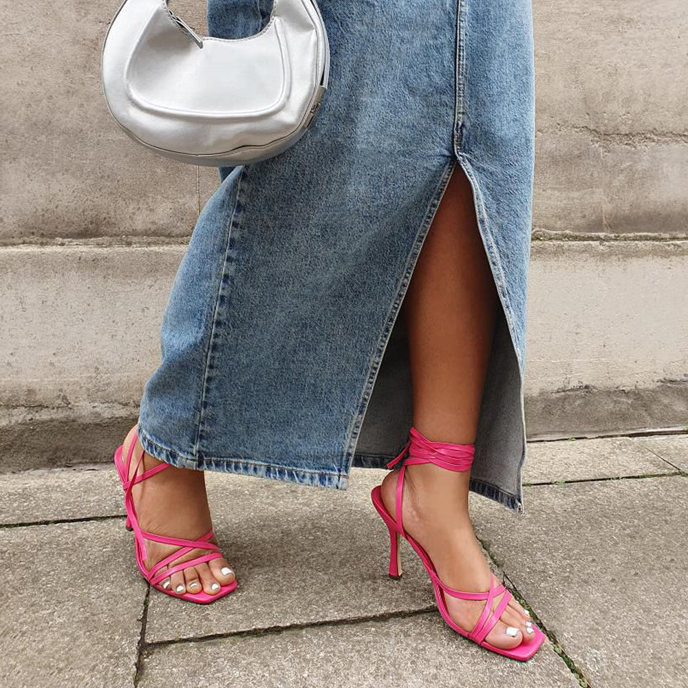 Kyra Lace Up High Heel Stilettos Sandals with Square Toe in Fuchsia - Image 5