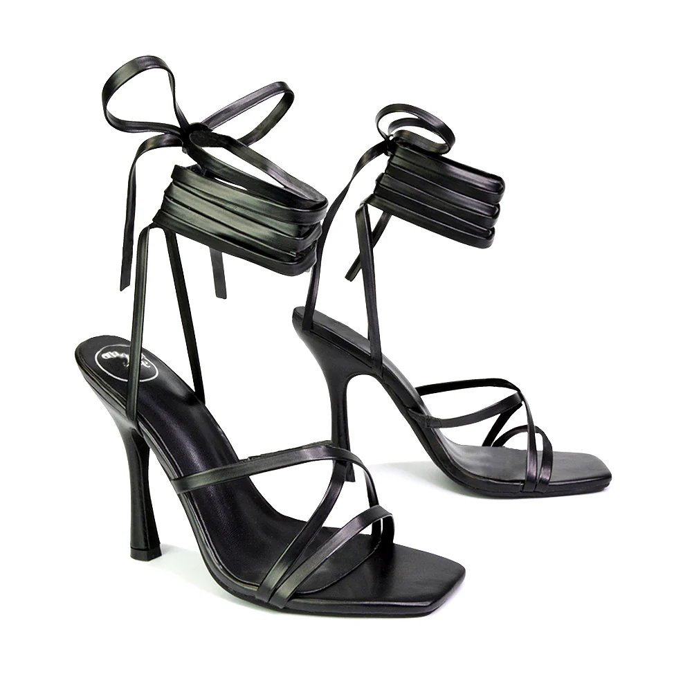 Kyra Lace Up High Heel Stilettos Sandals with Square Toe in Gold - Image 78