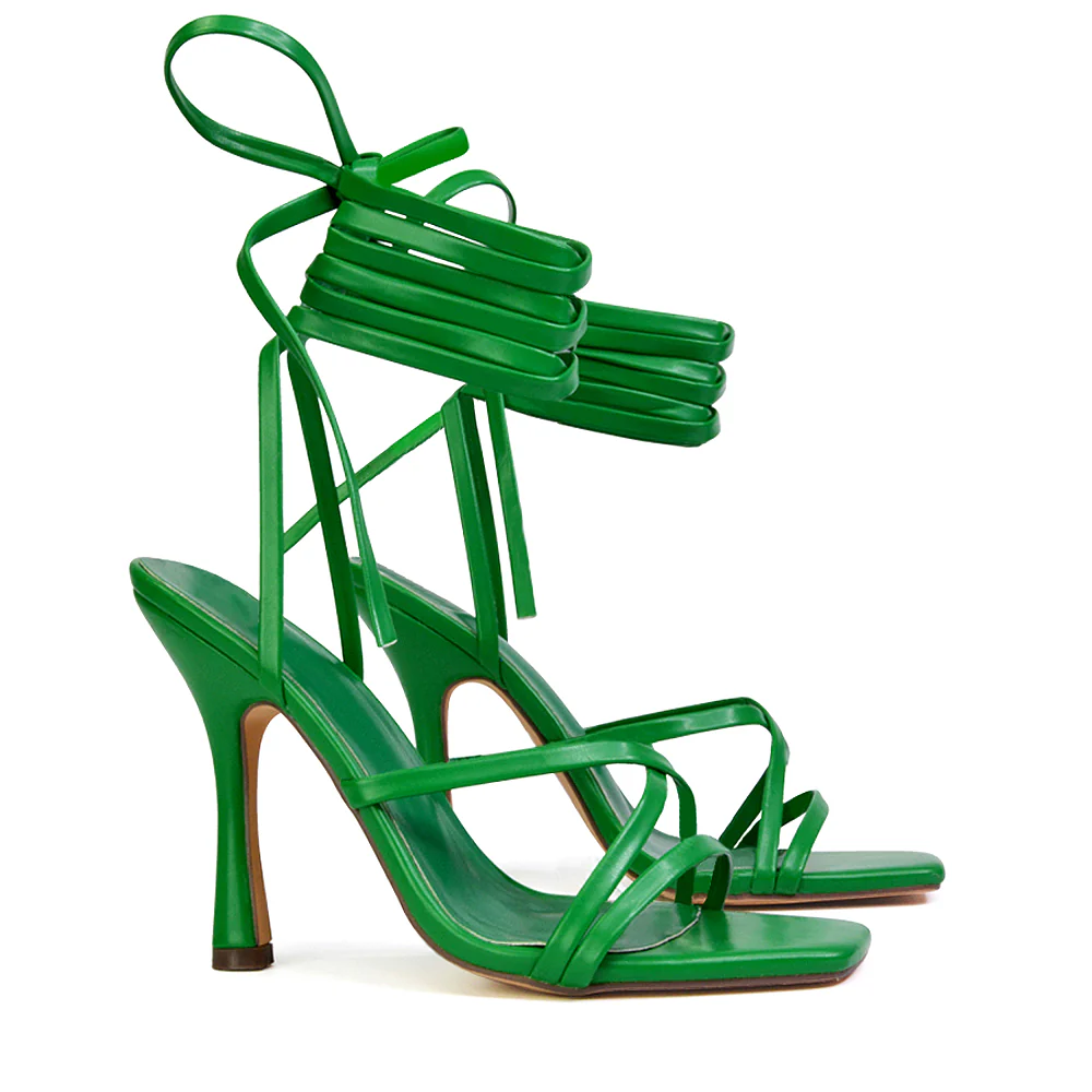 Kyra Lace Up High Heel Stilettos Sandals with Square Toe in Green - Image 15