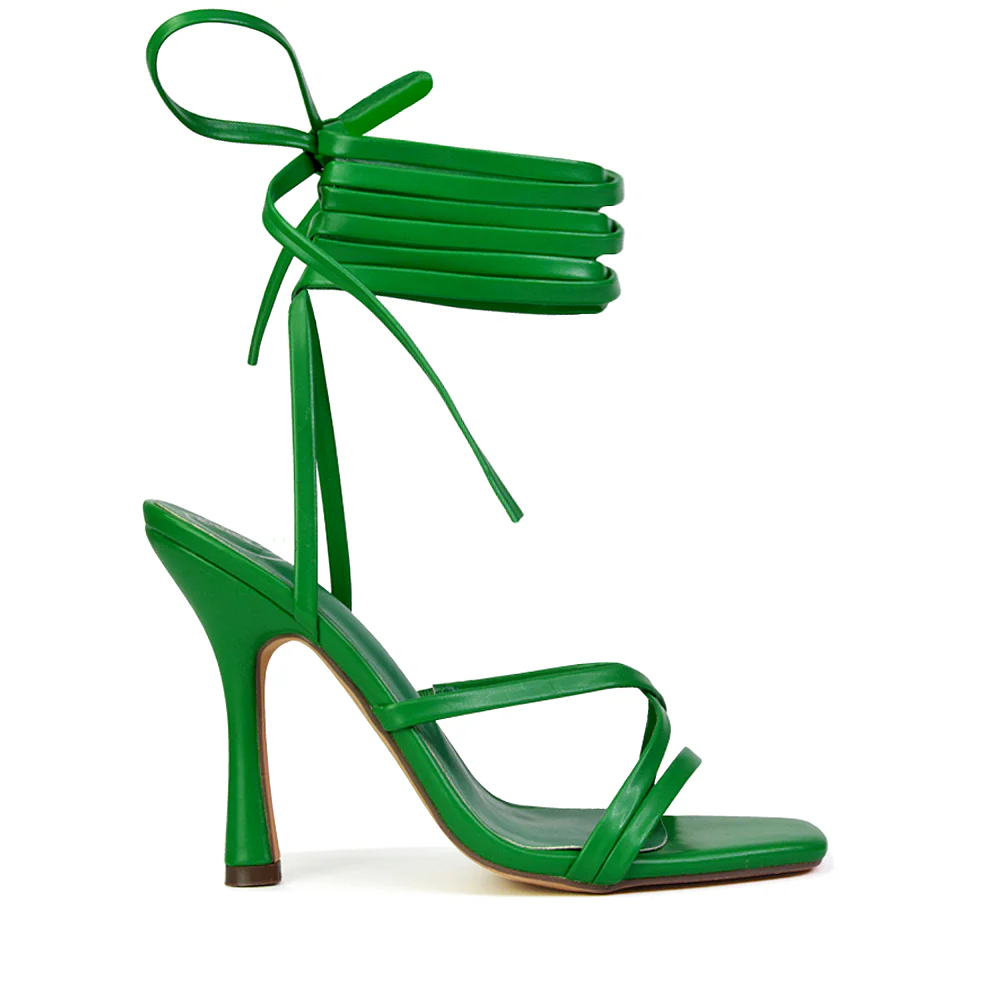 Kyra Lace Up High Heel Stilettos Sandals with Square Toe in Green - Image 6