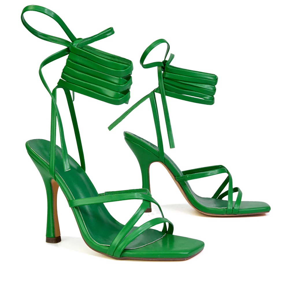 Kyra Lace Up High Heel Stilettos Sandals with Square Toe in Green - Image 9