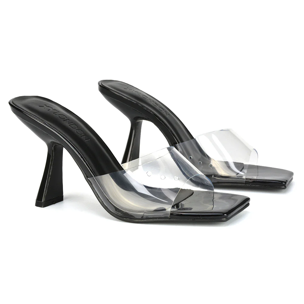 Lacie Square Toe Perspex Thin Block High Heel Mule Sandals in Black Patent - Image 119