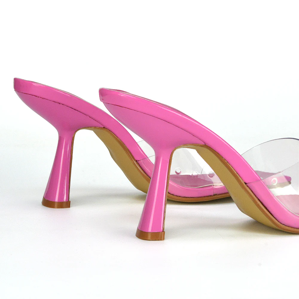 Lacie Square Toe Perspex Thin Block High Heel Mule Sandals in Black Patent - Image 84