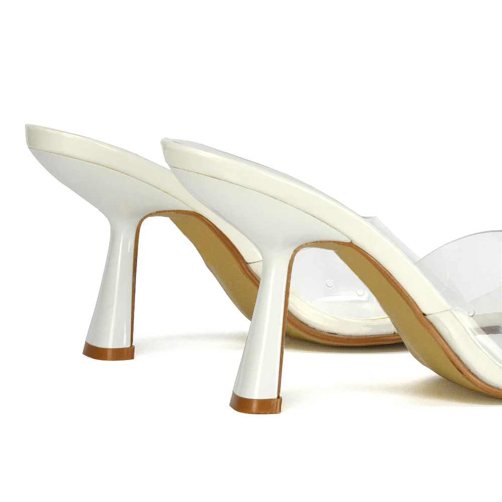 Lacie Square Toe Perspex Thin Block High Heel Mule Sandals in Pink Patent - Image 10