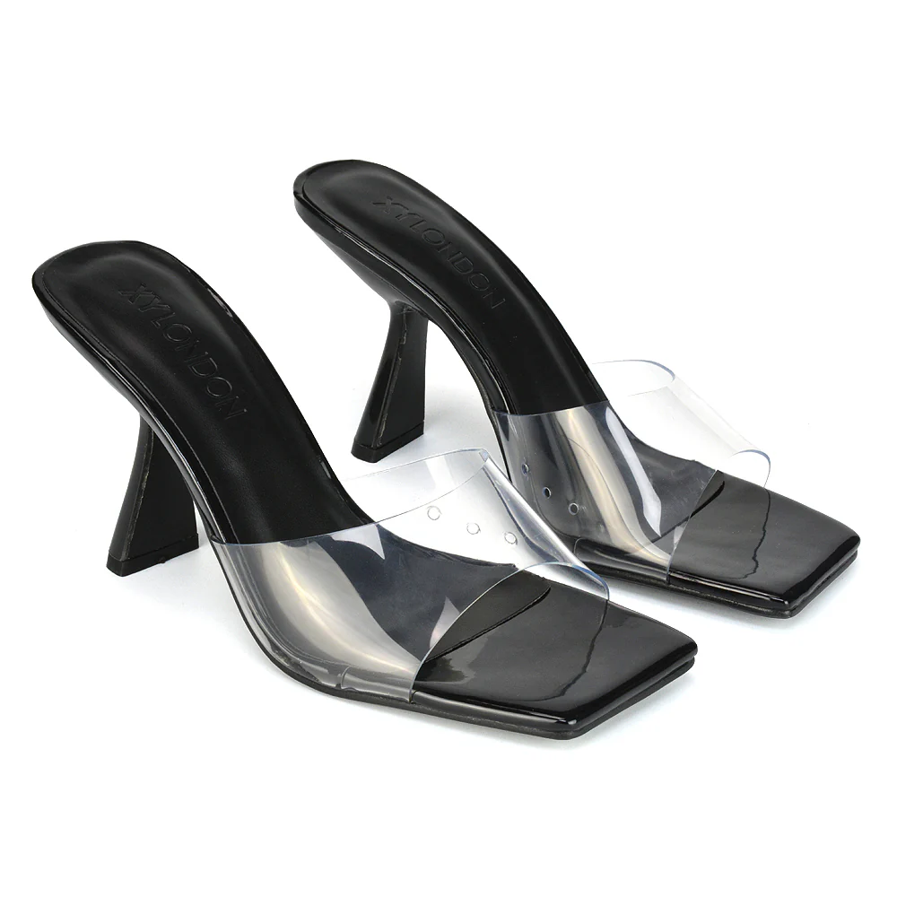 Lacie Square Toe Perspex Thin Block High Heel Mule Sandals in Pink Patent - Image 111